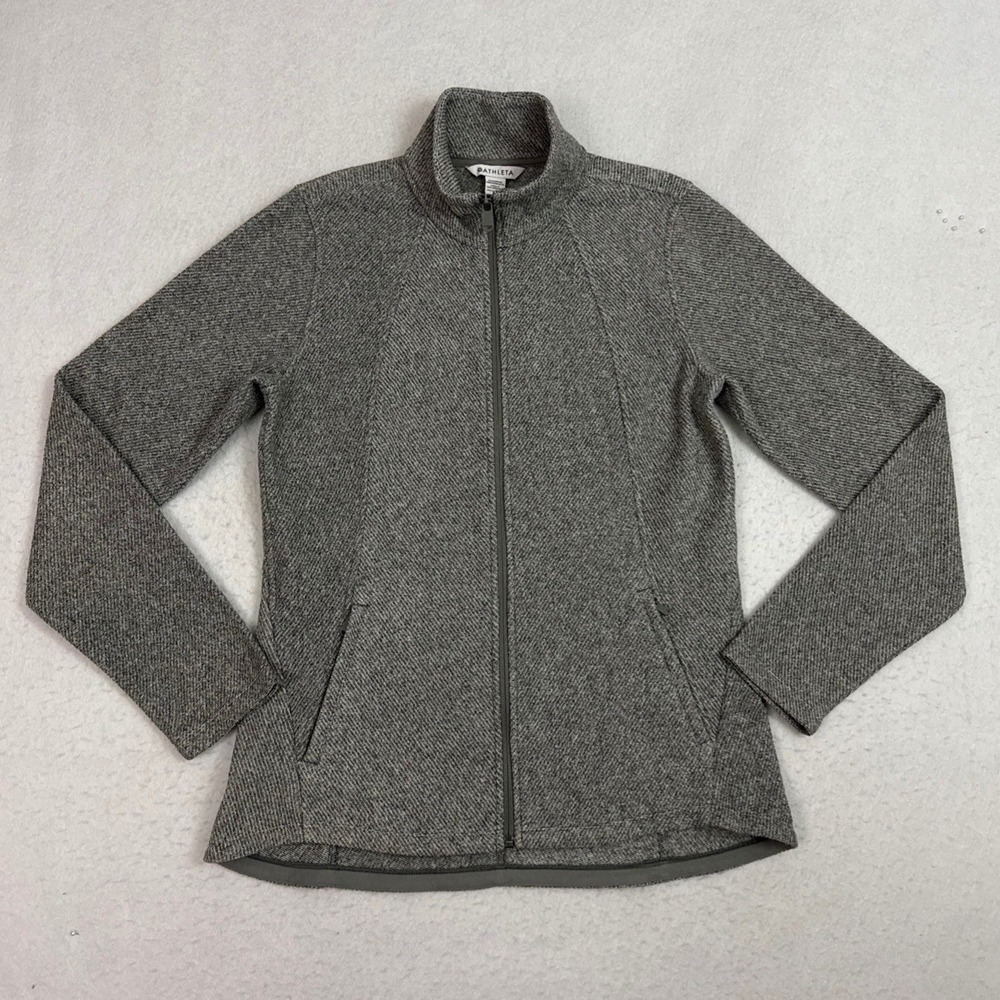 Athleta Stroll Fleece Full Zip Jacket Womens M Gray Herringbone Mock Neck